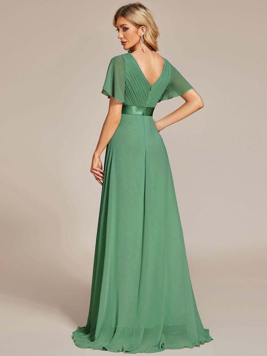 Empire Waist Floor Length Bridesmaid Dress with Short Flutter Sleeves