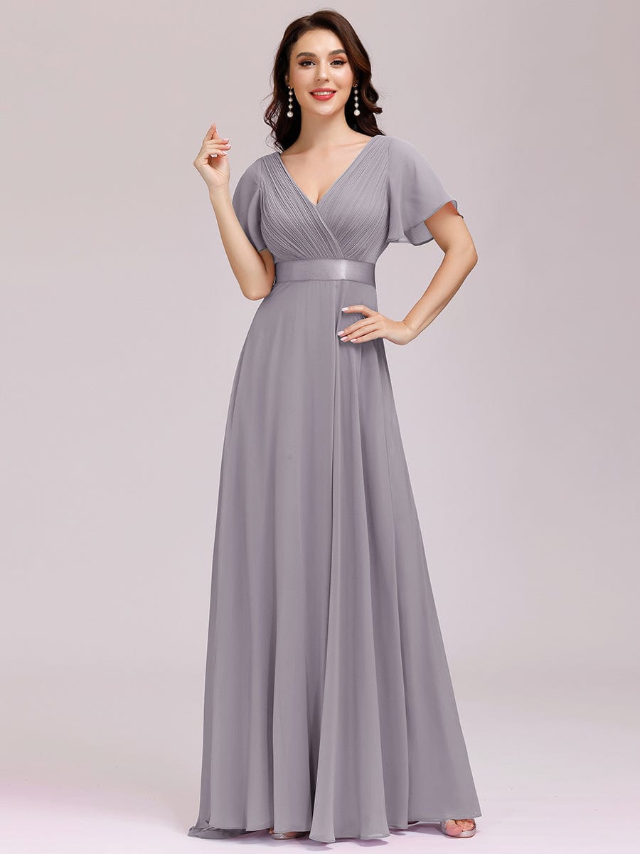 Custom Size V-neck Empire Waist Maxi Bridesmaid Dress with Short Sleeves