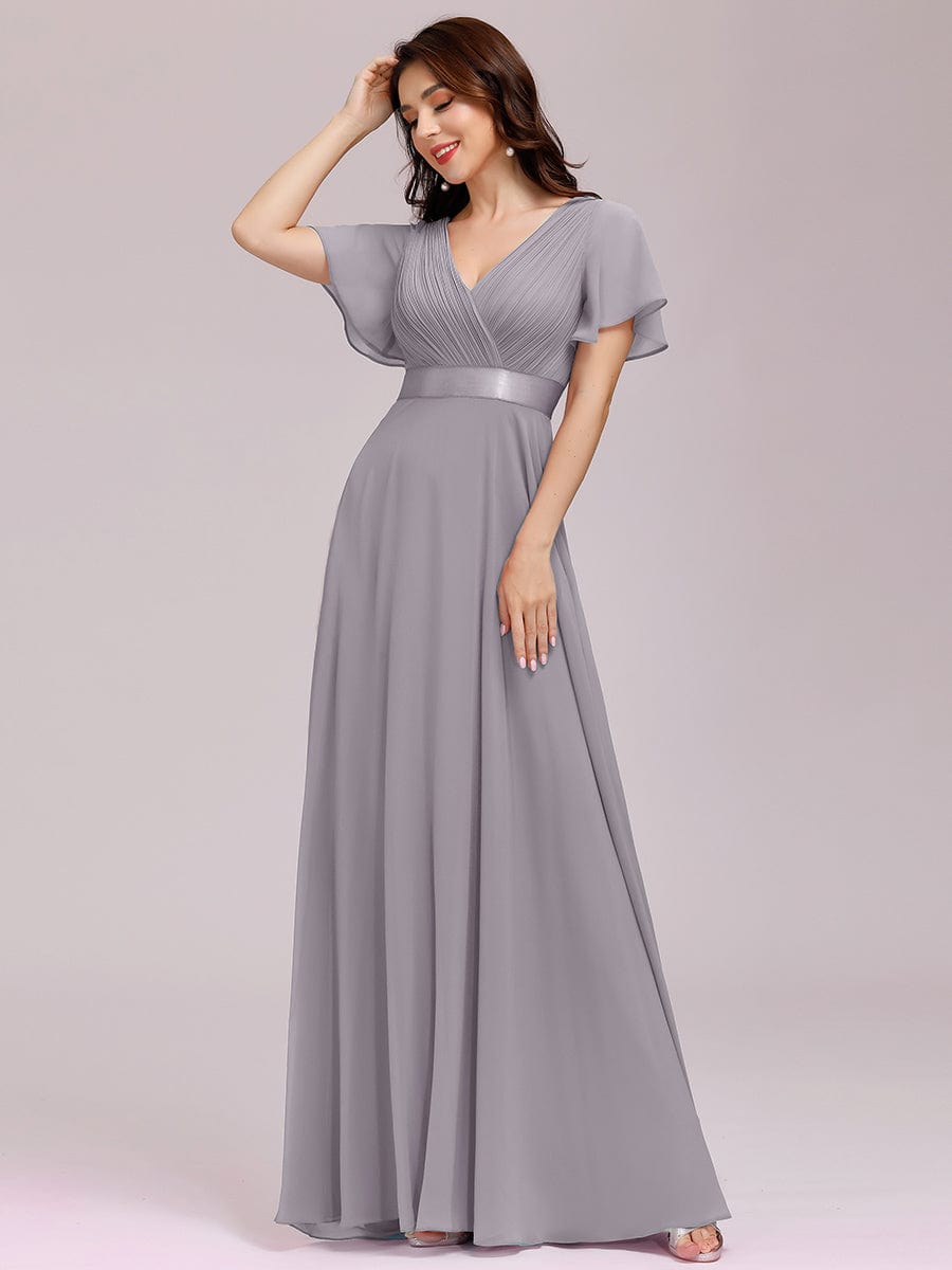 Custom Size V-neck Empire Waist Maxi Bridesmaid Dress with Short Sleeves