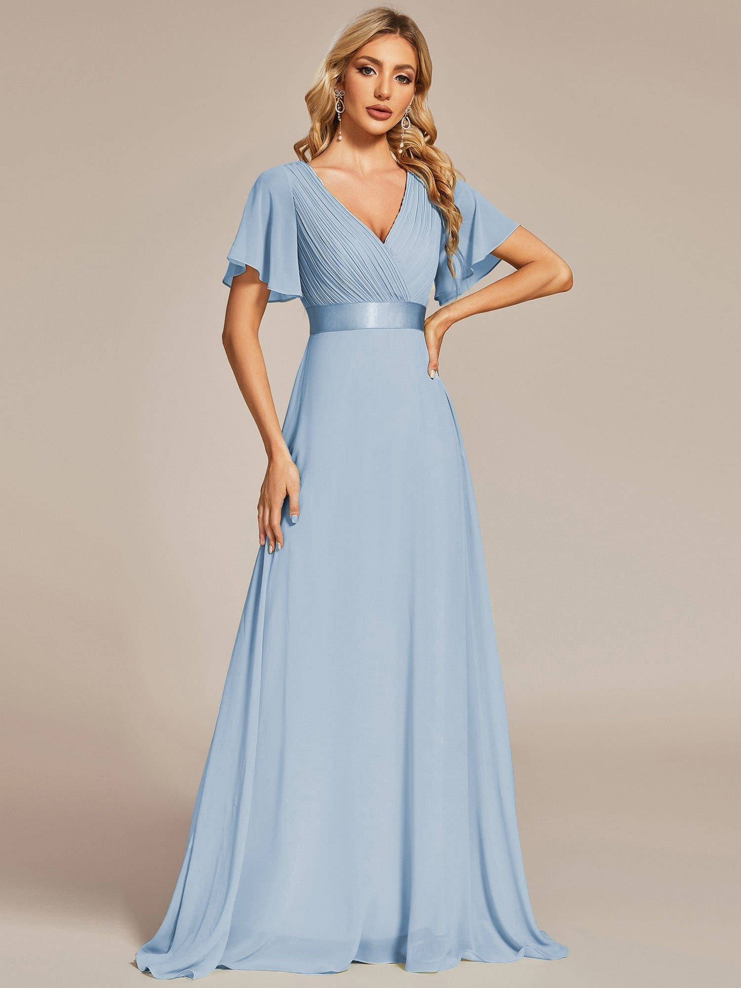 Custom Size V-neck Empire Waist Maxi Bridesmaid Dress with Short Sleeves