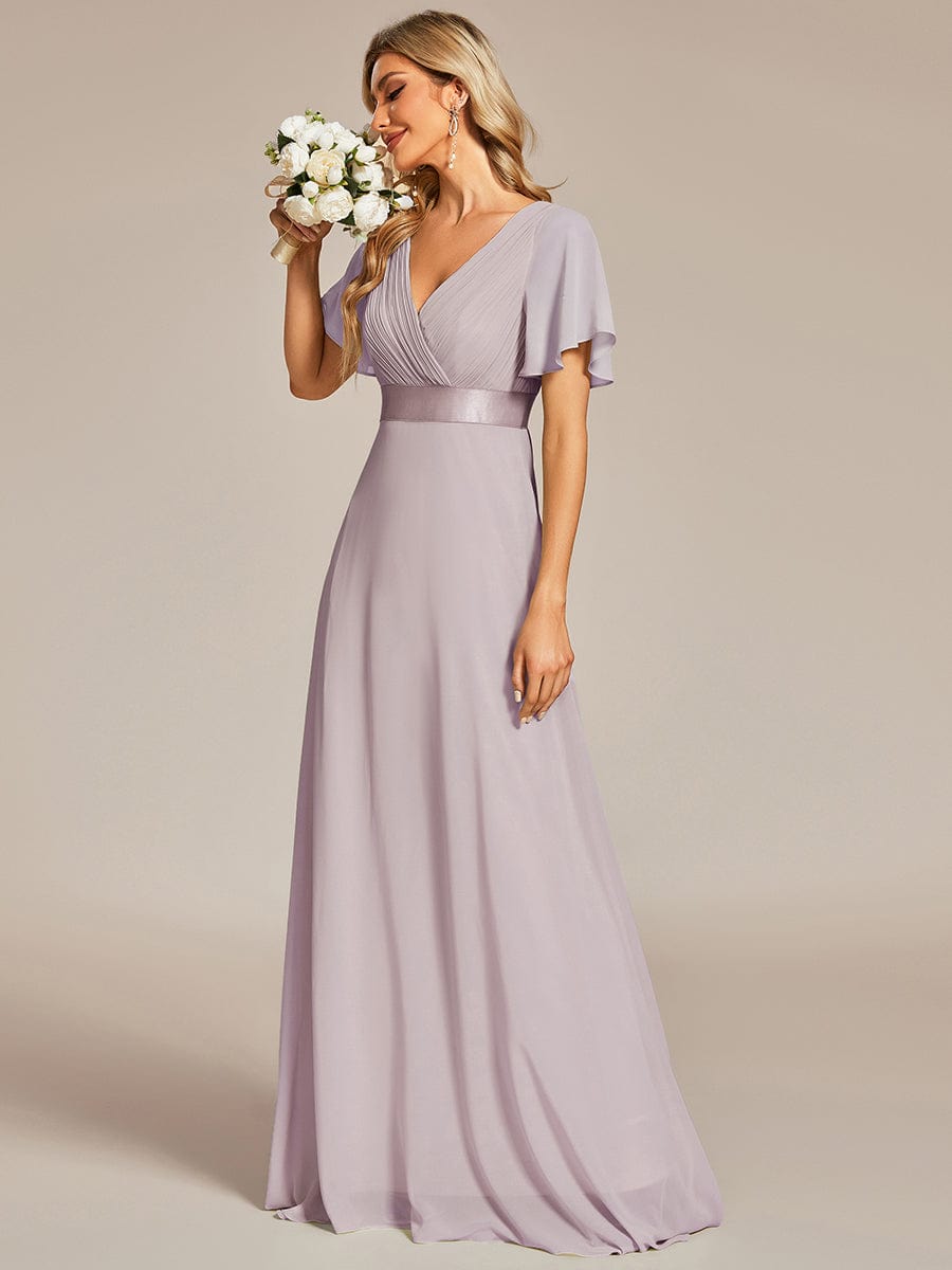 Empire Waist Floor Length Bridesmaid Dress with Short Flutter Sleeves