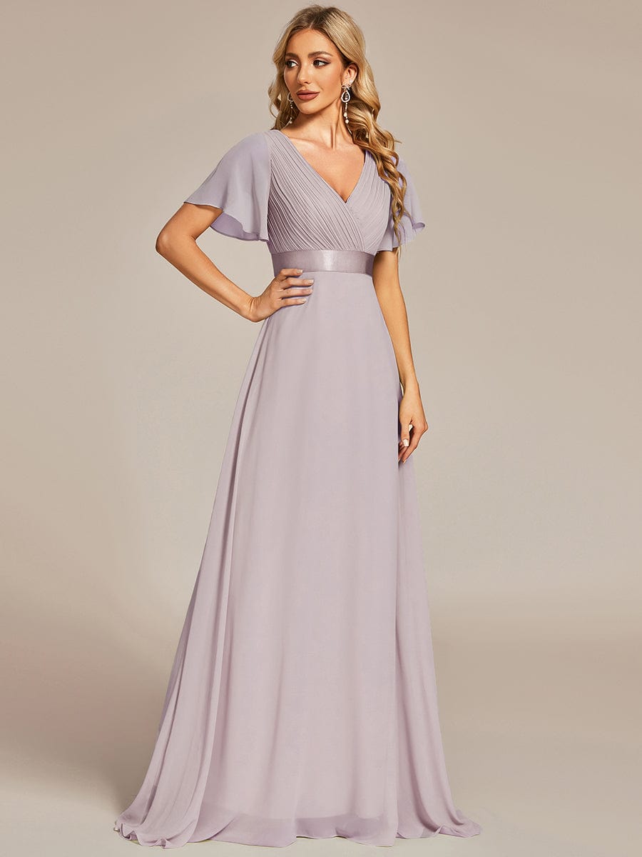 Empire Waist Floor Length Bridesmaid Dress with Short Flutter Sleeves