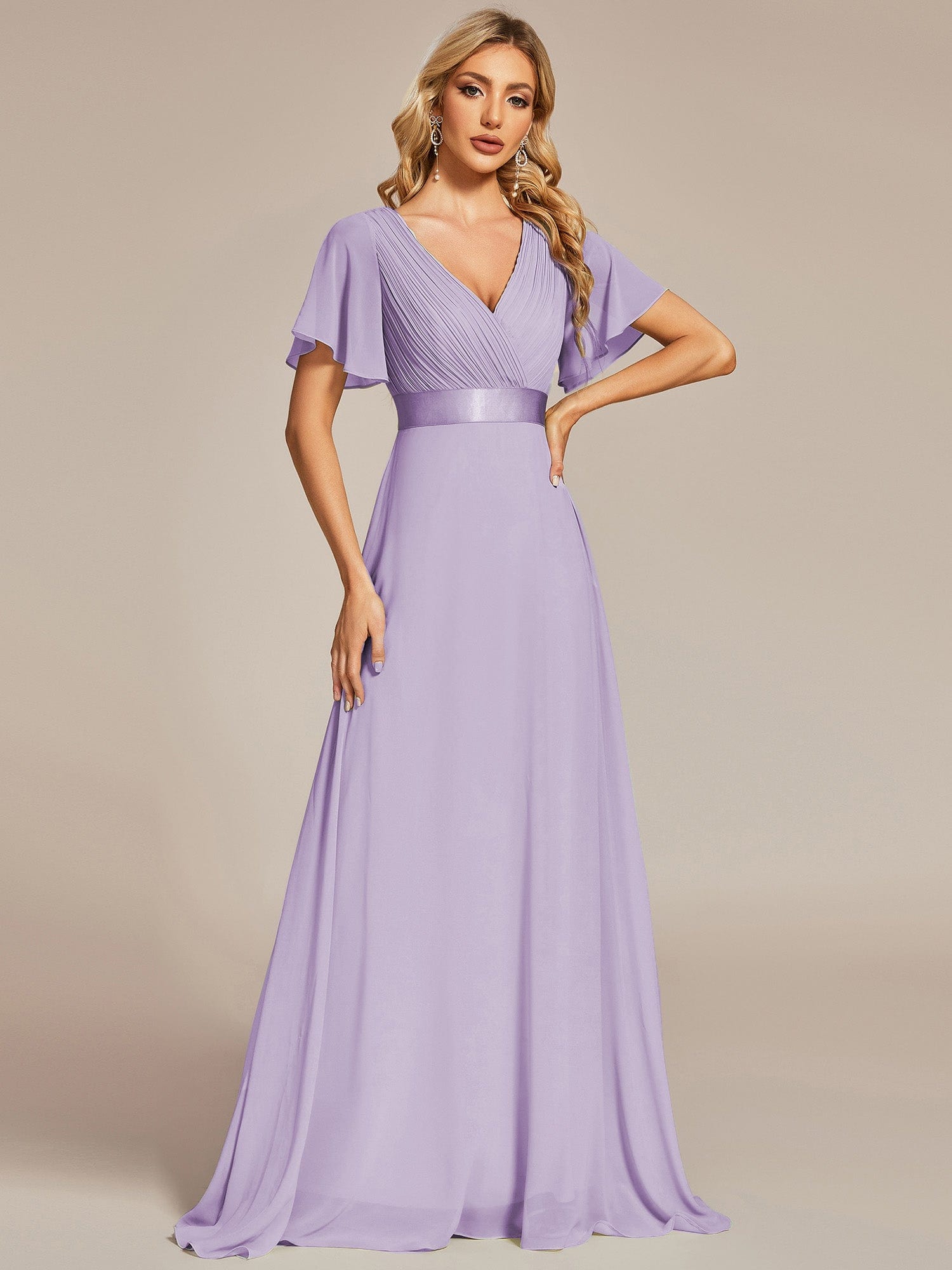 Custom Size V-neck Empire Waist Maxi Bridesmaid Dress with Short Sleeves