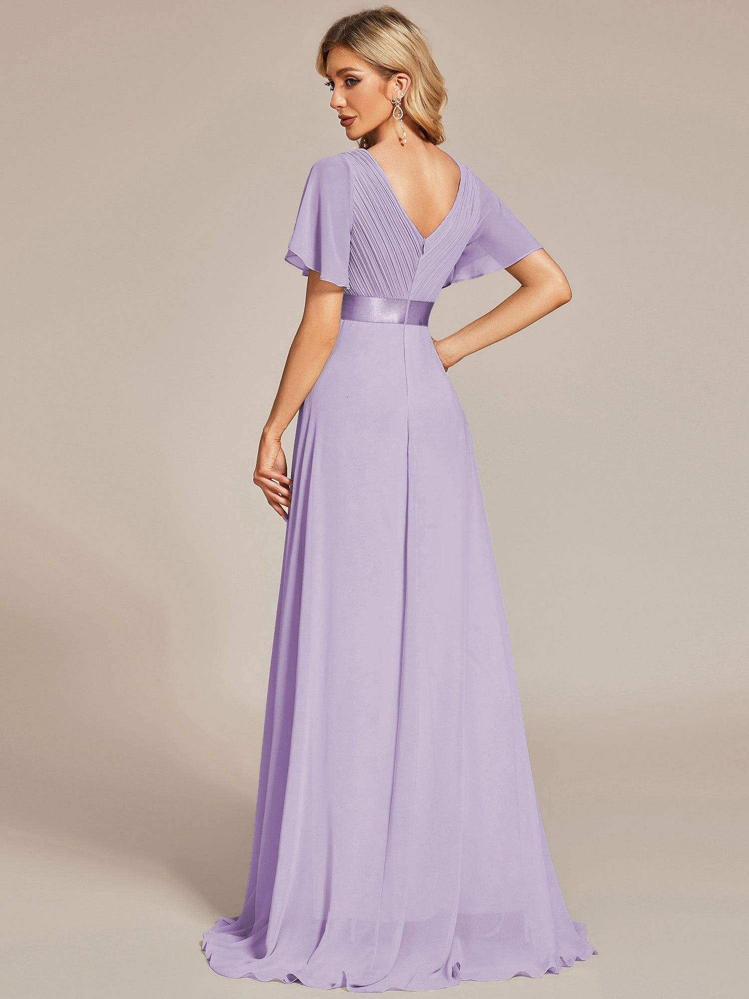 Custom Size V-neck Empire Waist Maxi Bridesmaid Dress with Short Sleeves