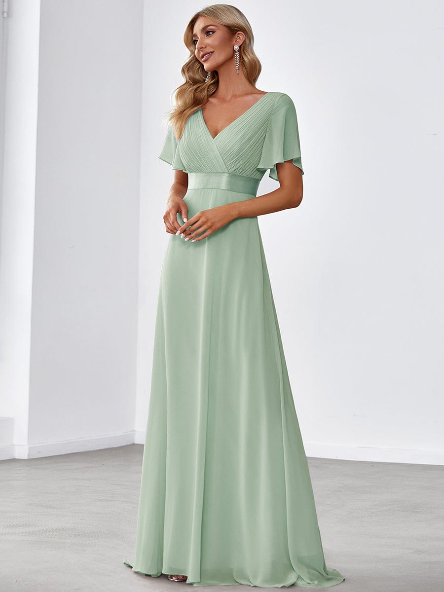 Custom Size V-neck Empire Waist Maxi Bridesmaid Dress with Short Sleeves