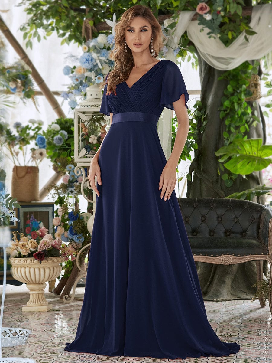 Custom Size V-neck Empire Waist Maxi Bridesmaid Dress with Short Sleeves