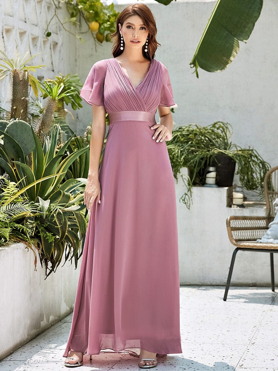 Custom Size V-neck Empire Waist Maxi Bridesmaid Dress with Short Sleeves