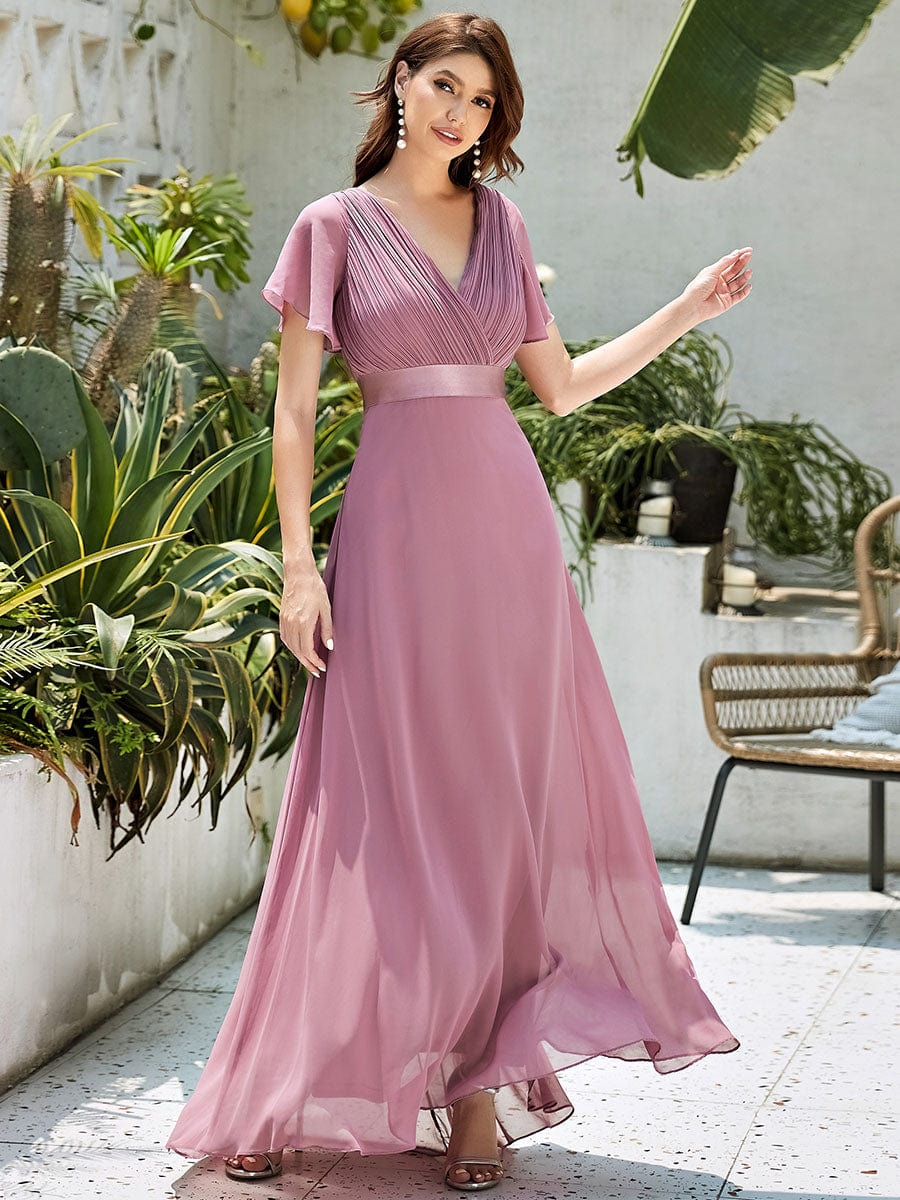 Custom Size V-neck Empire Waist Maxi Bridesmaid Dress with Short Sleeves