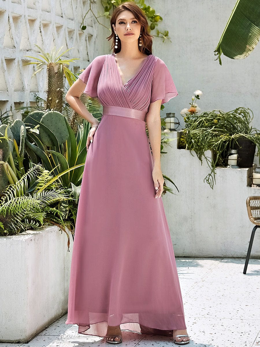 Custom Size V-neck Empire Waist Maxi Bridesmaid Dress with Short Sleeves