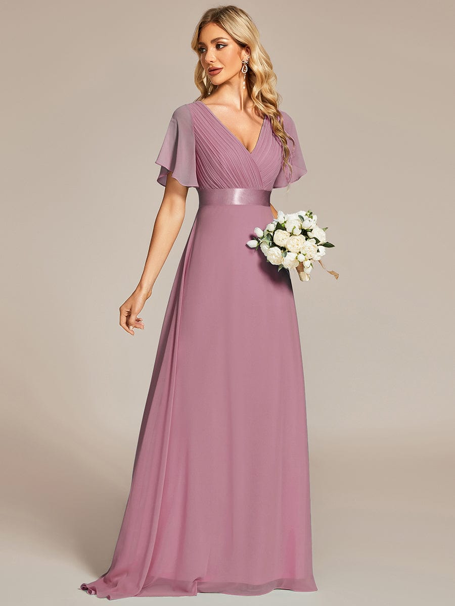 High Waist Maxi Chiffon Bridesmaid Dress with Short Sleeves