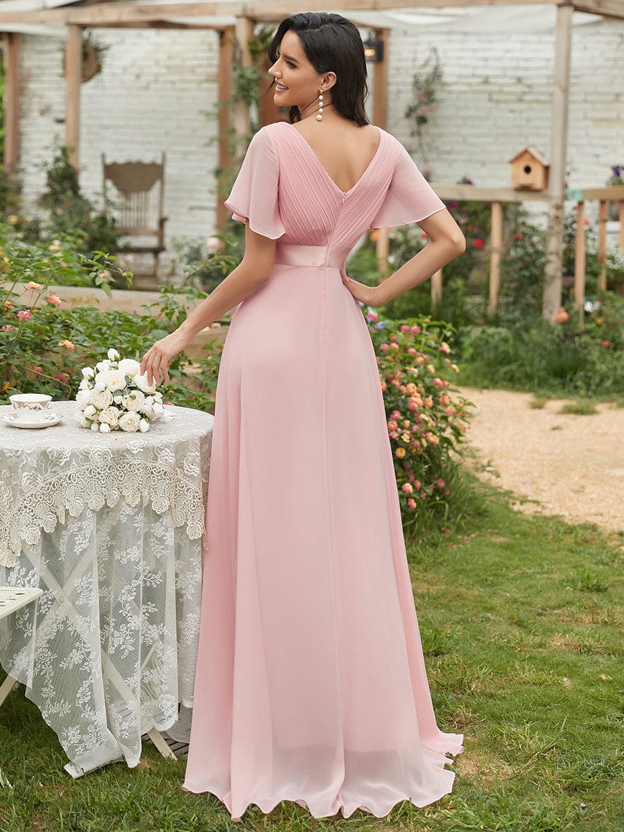 Custom Size V-neck Empire Waist Maxi Bridesmaid Dress with Short Sleeves