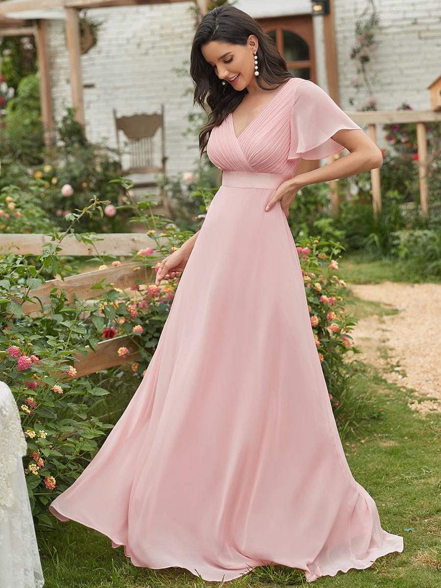 Custom Size V-neck Empire Waist Maxi Bridesmaid Dress with Short Sleeves