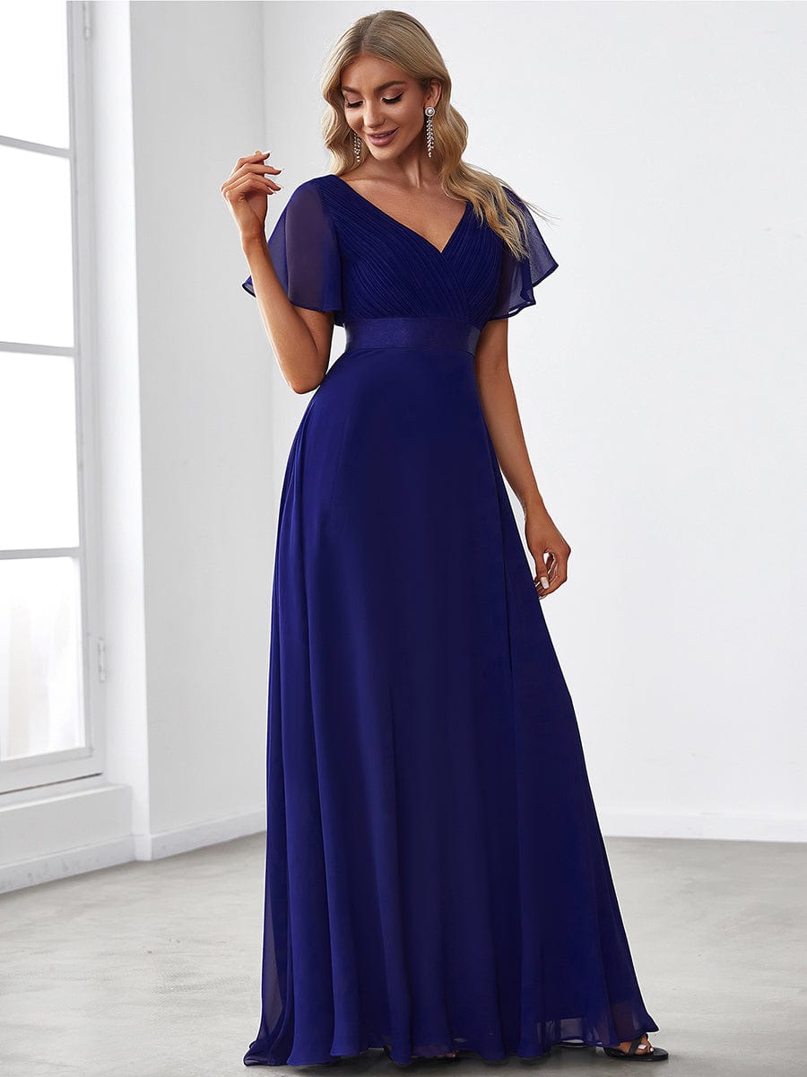 Custom Size V-neck Empire Waist Maxi Bridesmaid Dress with Short Sleeves