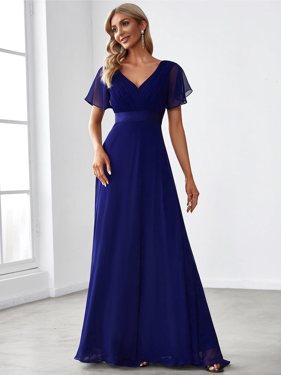 Custom Size V-neck Empire Waist Maxi Bridesmaid Dress with Short Sleeves