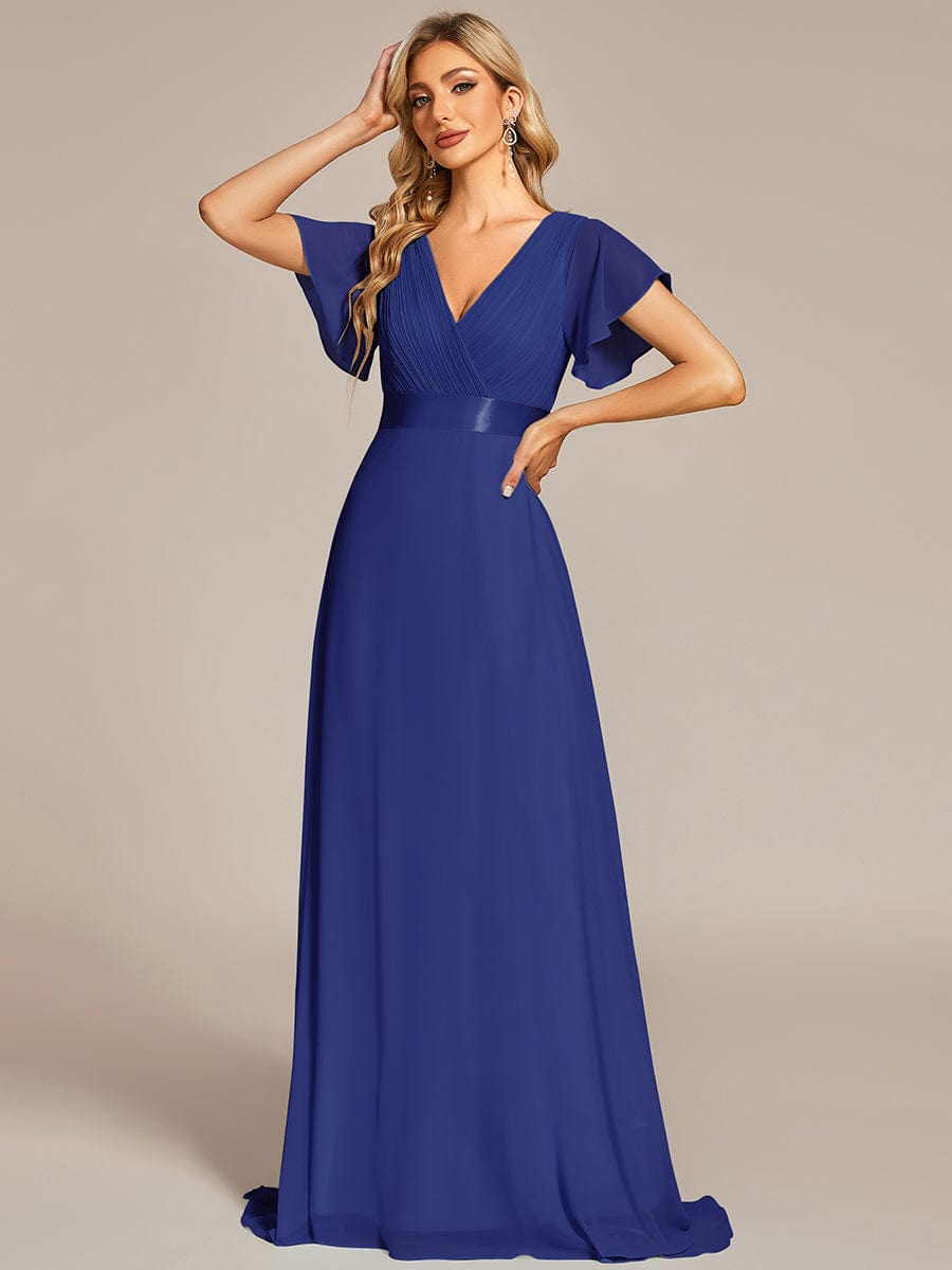 High Waist Maxi Chiffon Bridesmaid Dress with Short Sleeves