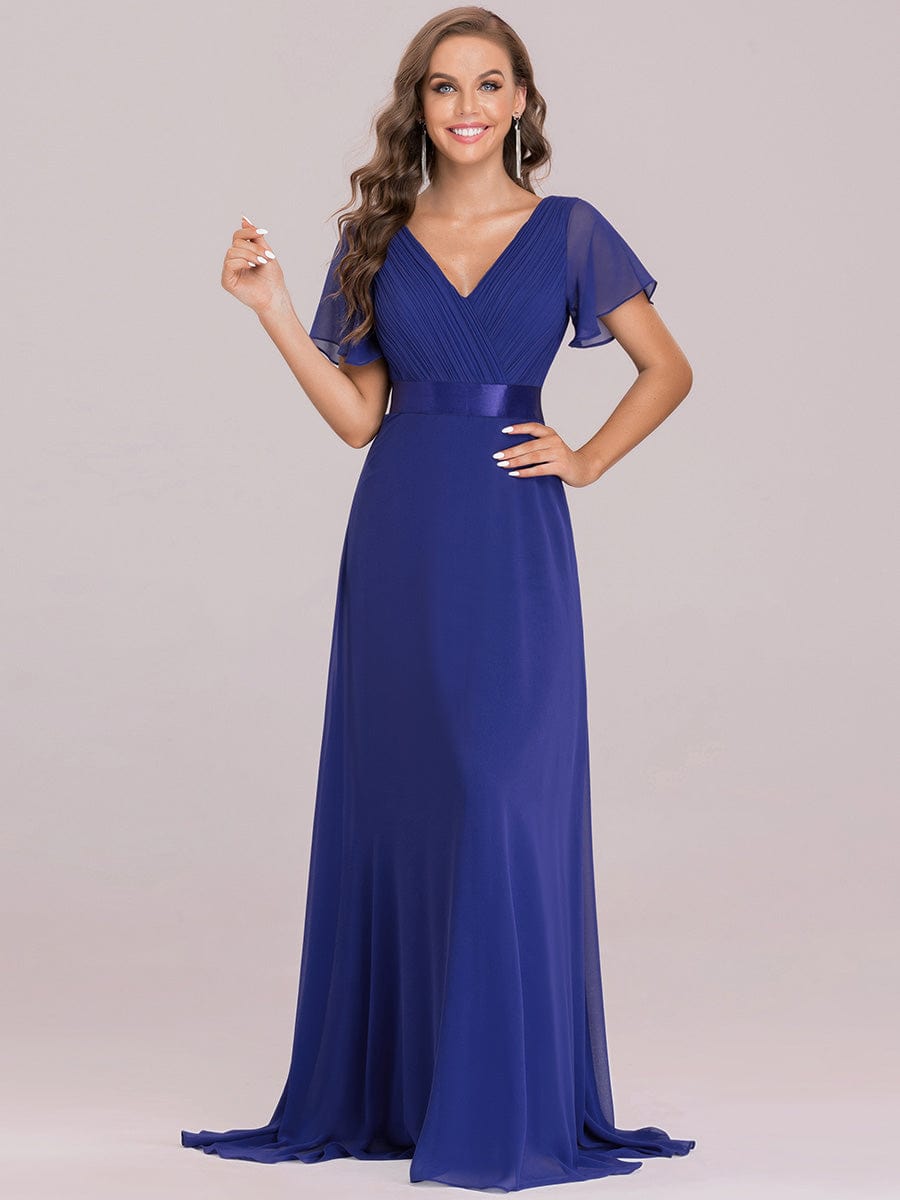 Custom Size V-neck Empire Waist Maxi Bridesmaid Dress with Short Sleeves