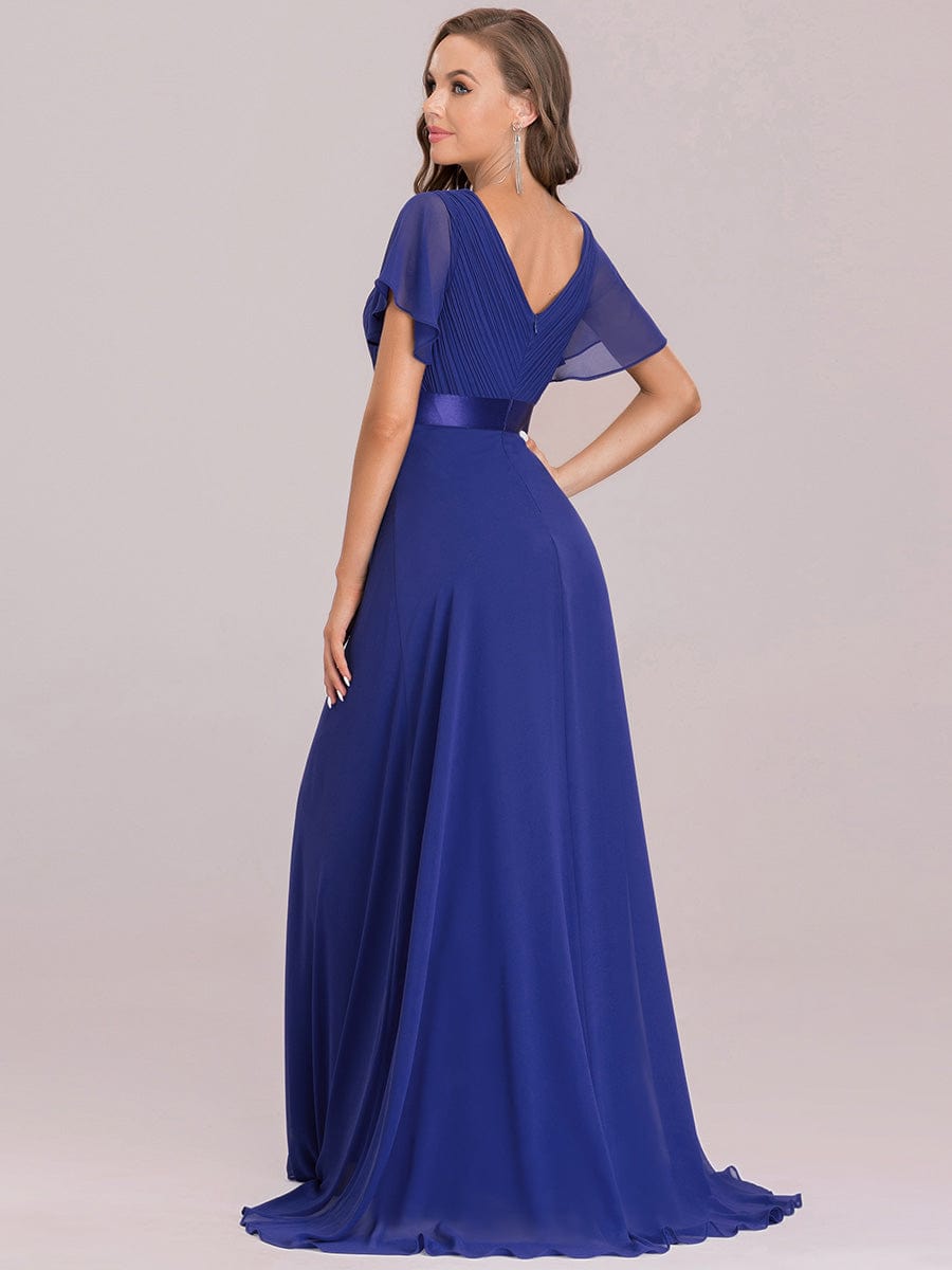 Custom Size V-neck Empire Waist Maxi Bridesmaid Dress with Short Sleeves