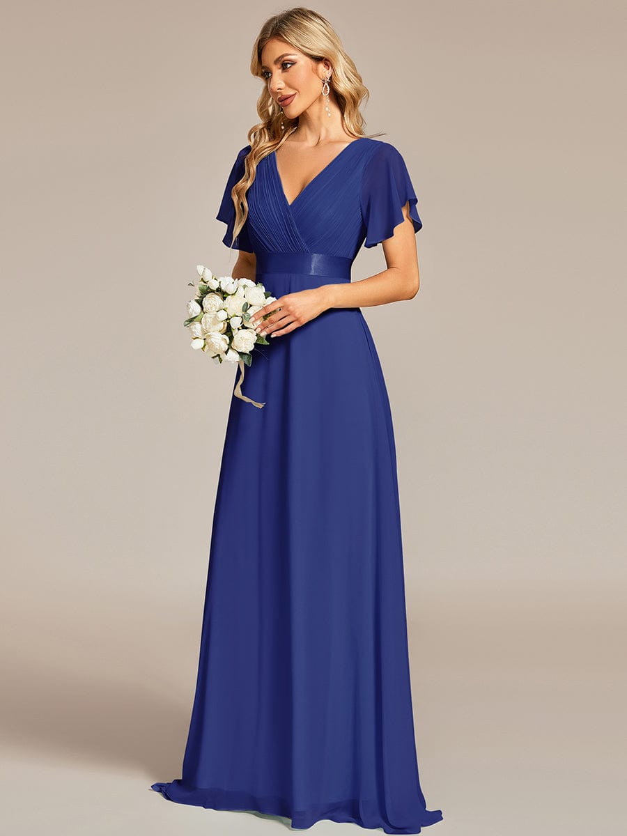 High Waist Maxi Chiffon Bridesmaid Dress with Short Sleeves