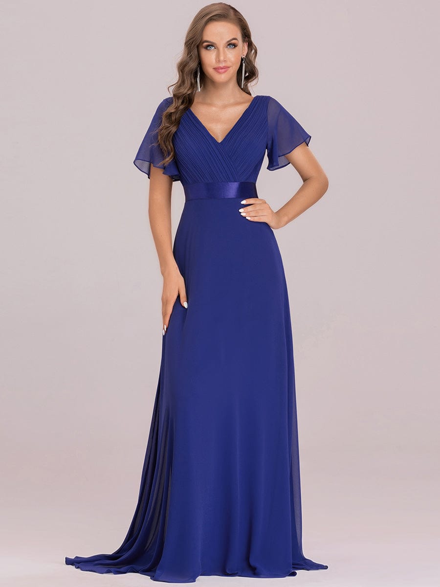 Custom Size V-neck Empire Waist Maxi Bridesmaid Dress with Short Sleeves