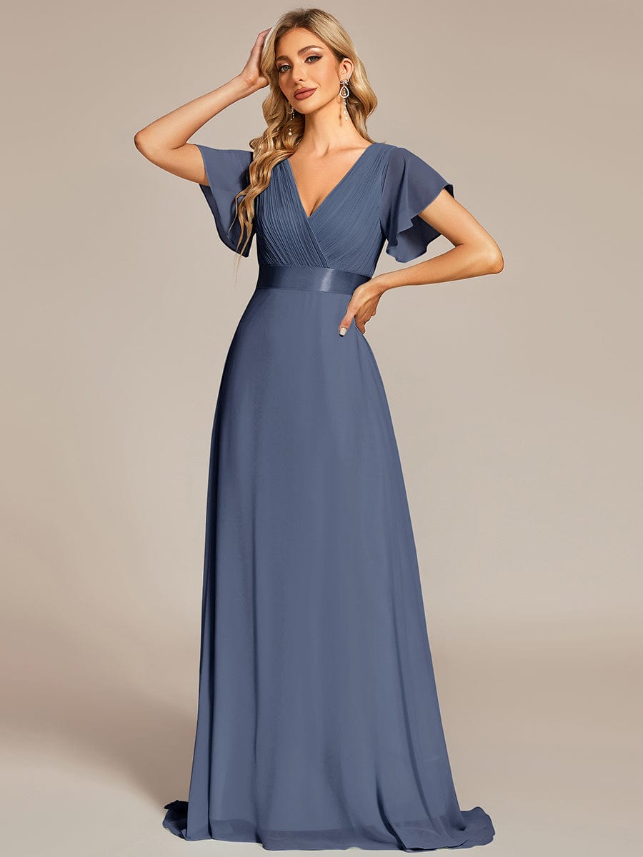 Custom Size V-neck Empire Waist Maxi Bridesmaid Dress with Short Sleeves