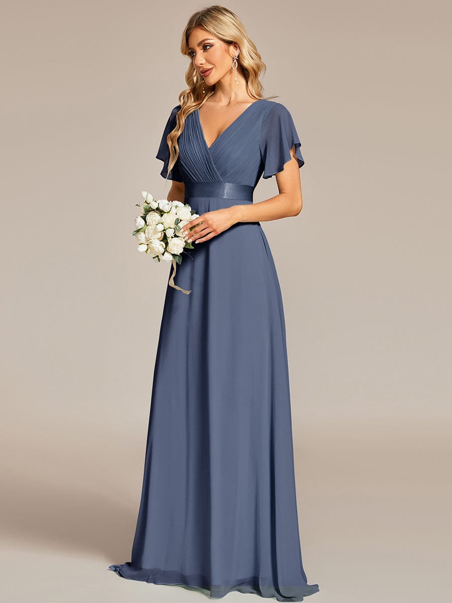 Custom Size V-neck Empire Waist Maxi Bridesmaid Dress with Short Sleeves