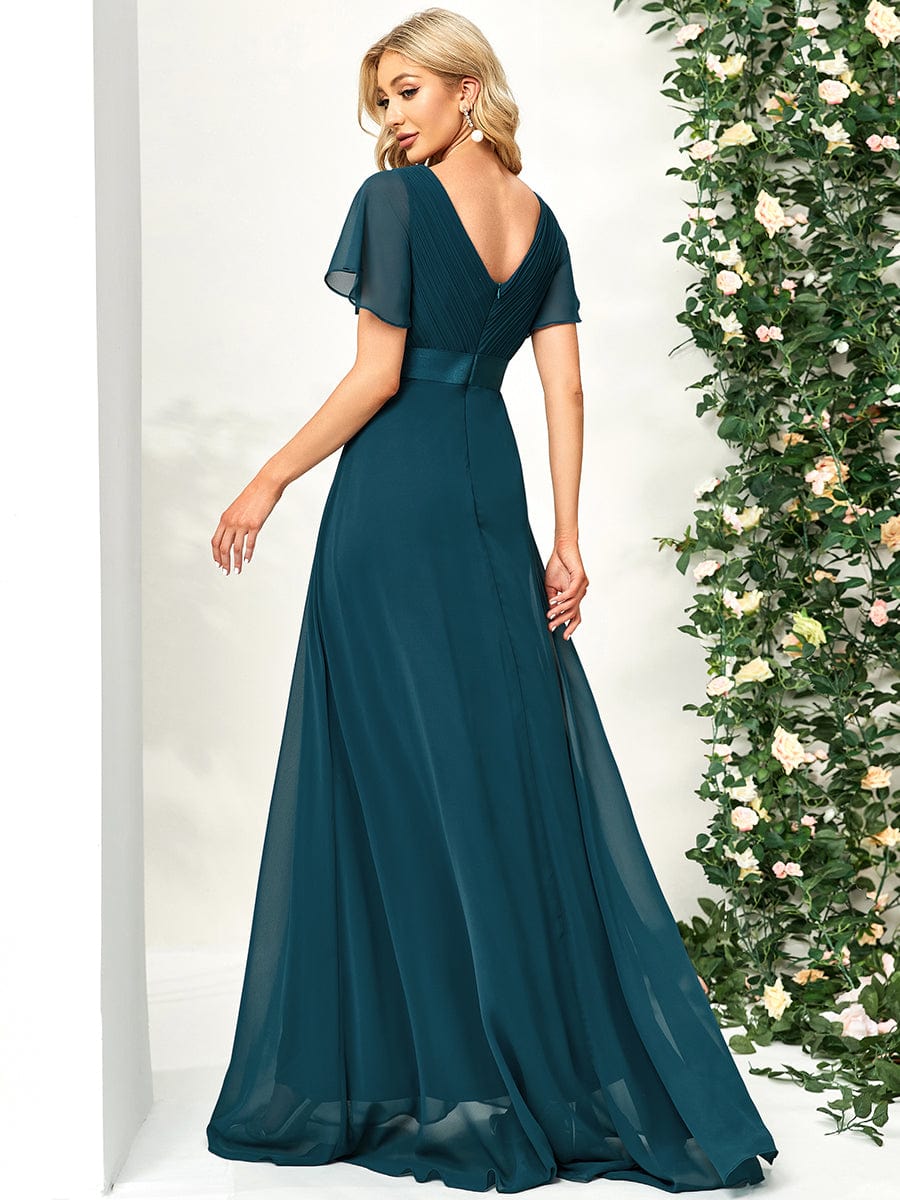 High Waist Maxi Chiffon Bridesmaid Dress with Short Sleeves