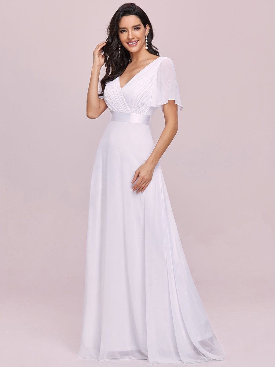 Custom Size V-neck Empire Waist Maxi Bridesmaid Dress with Short Sleeves