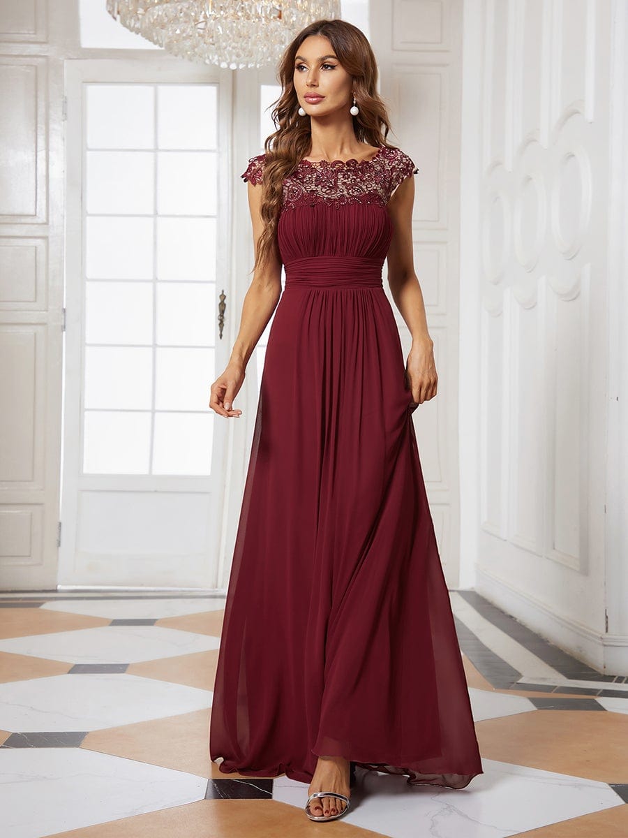 Elegant Maxi Long Lace Cap Sleeve Bridesmaid Dress