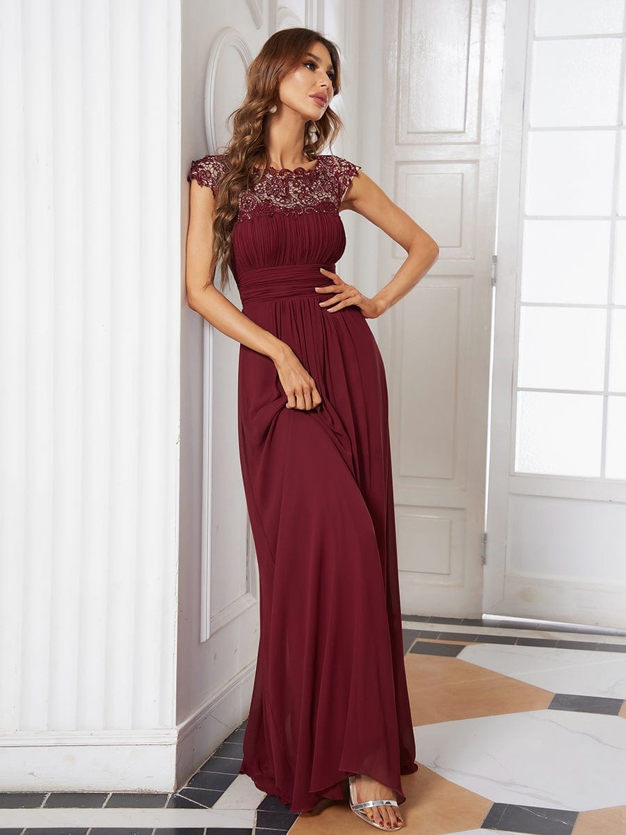 Flattering A-Line Chiffon Lace Evening Dress for Wedding with Cap Sleeve