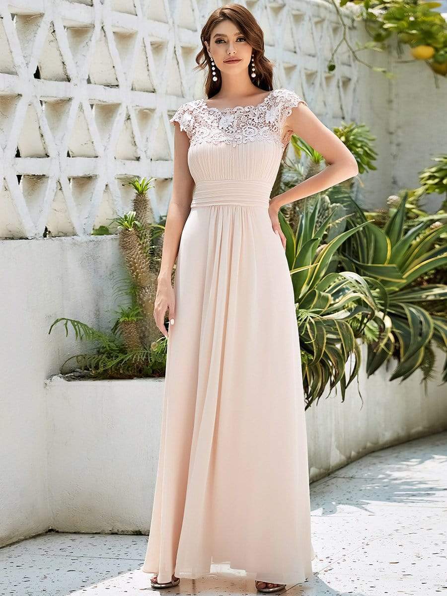 Maxi Long Lace Cap Sleeve Elegant Bridesmaid Dress