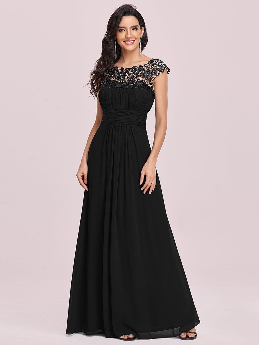 Flattering A-Line Chiffon Lace Evening Dress for Wedding with Cap Sleeve