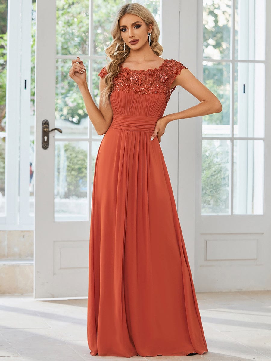 Maxi Long Lace Cap Sleeve Elegant Bridesmaid Dress