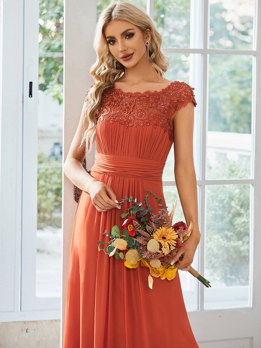 Maxi Long Lace Cap Sleeve Elegant Bridesmaid Dress