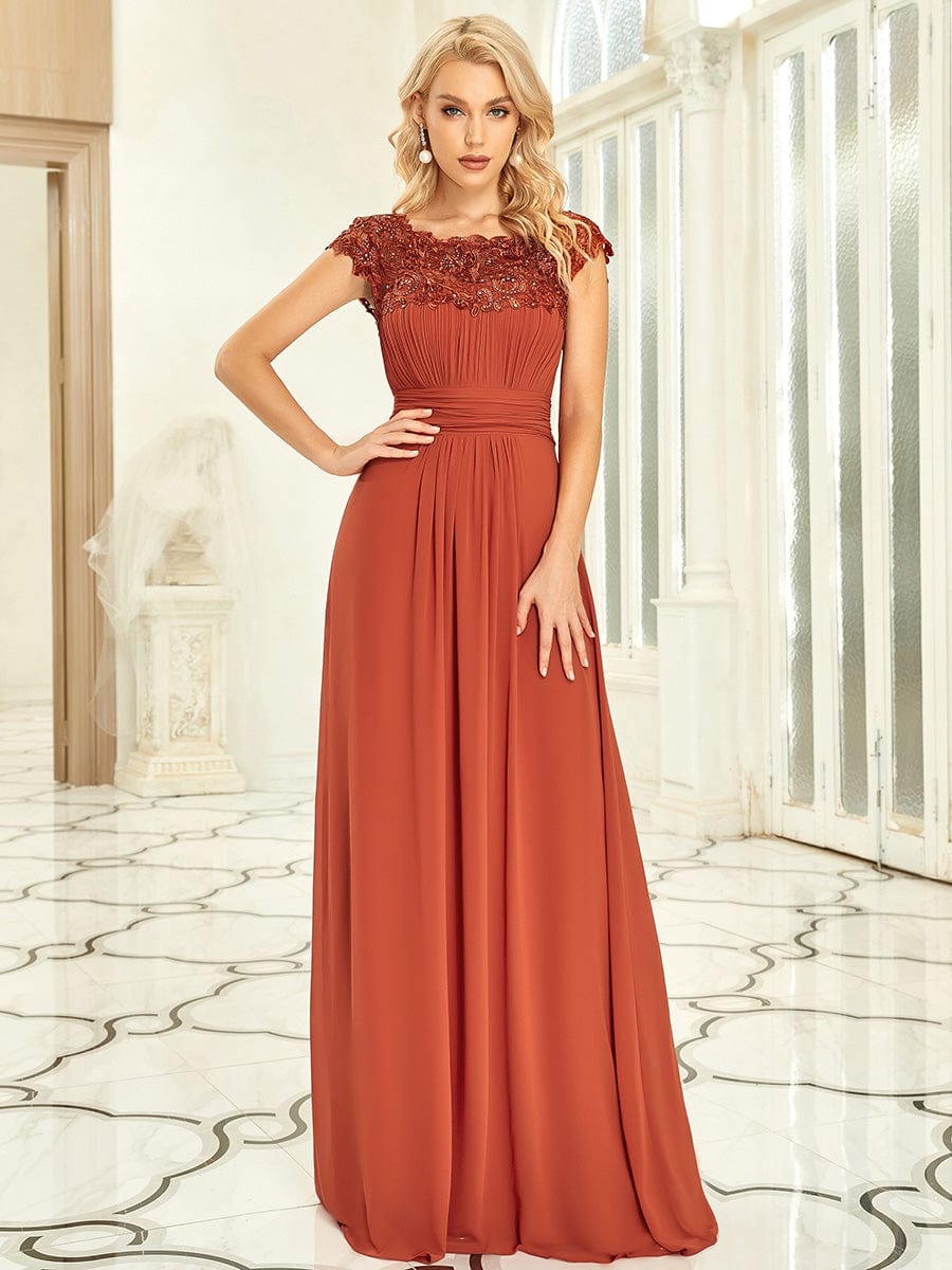 Custom Size Elegant Maxi Long Lace Cap Sleeve Bridesmaid Dress