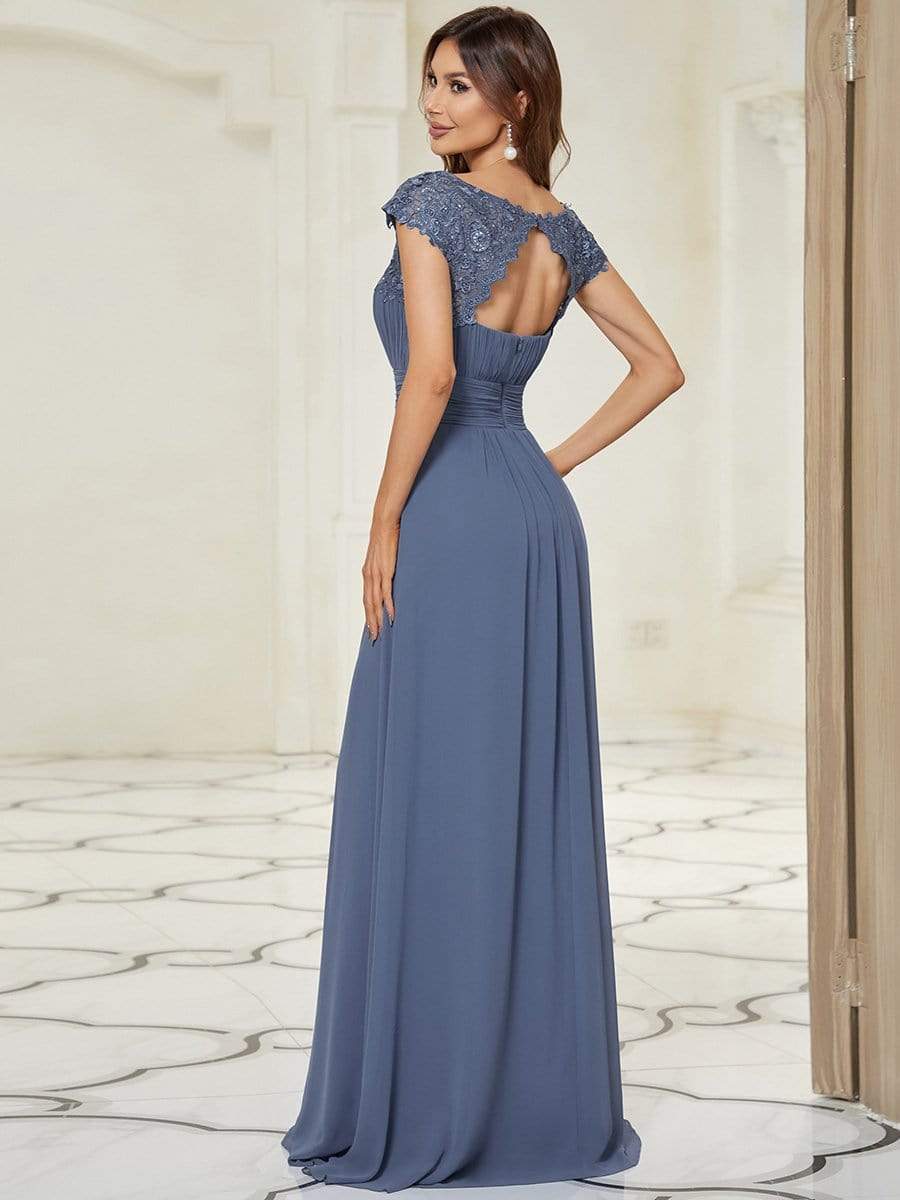 Flattering A-Line Chiffon Lace Evening Dress for Wedding with Cap Sleeve