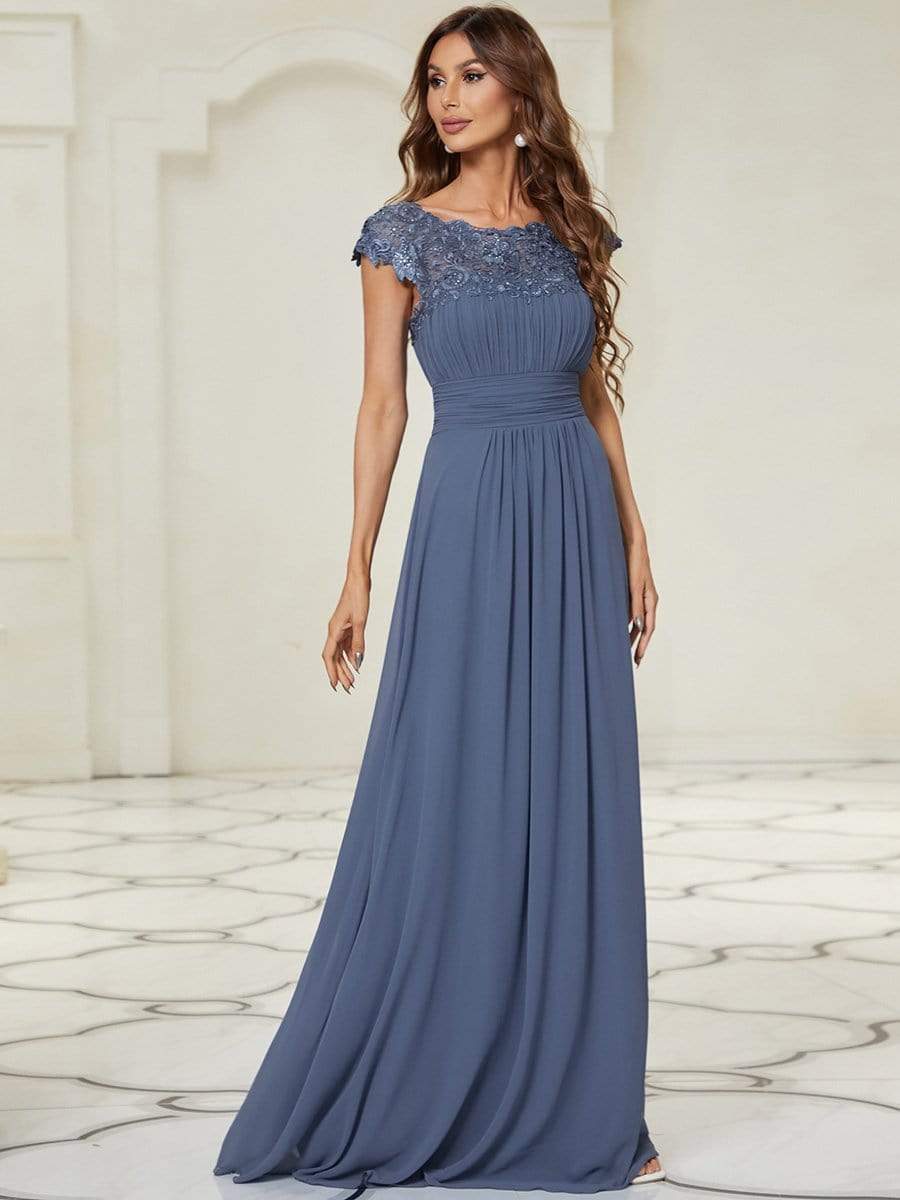 Flattering A-Line Chiffon Lace Evening Dress for Wedding with Cap Sleeve