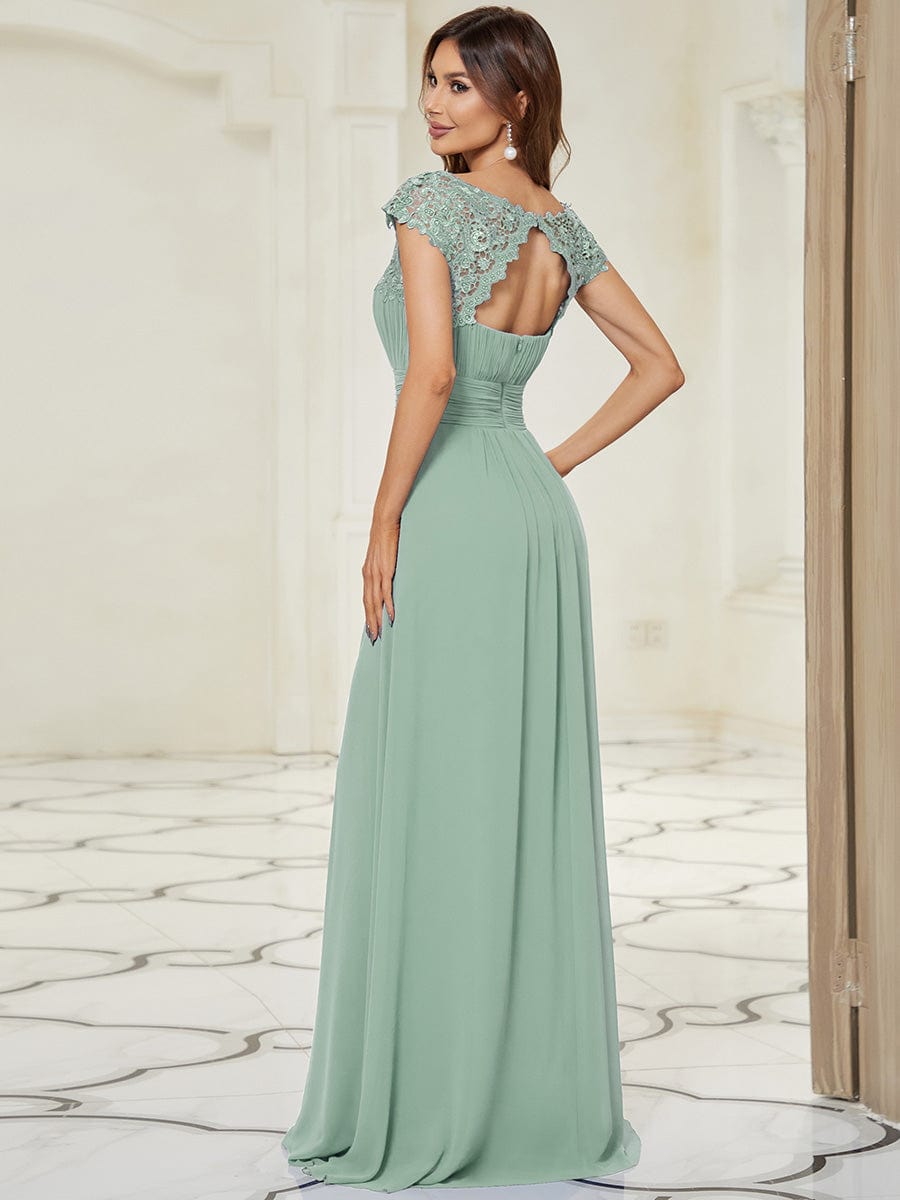 Elegant Maxi Long Lace Cap Sleeve Bridesmaid Dress