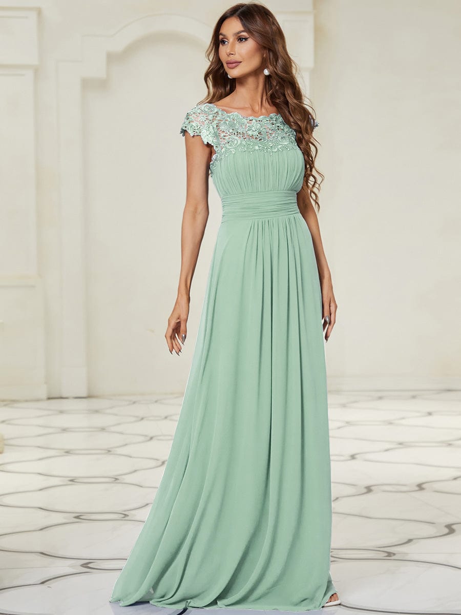 Elegant Maxi Long Lace Cap Sleeve Bridesmaid Dress