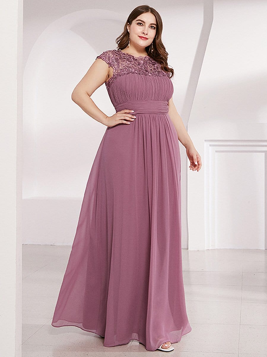 Plus Size Lace Cap Sleeve Elegant Maxi Bridesmaid Dress