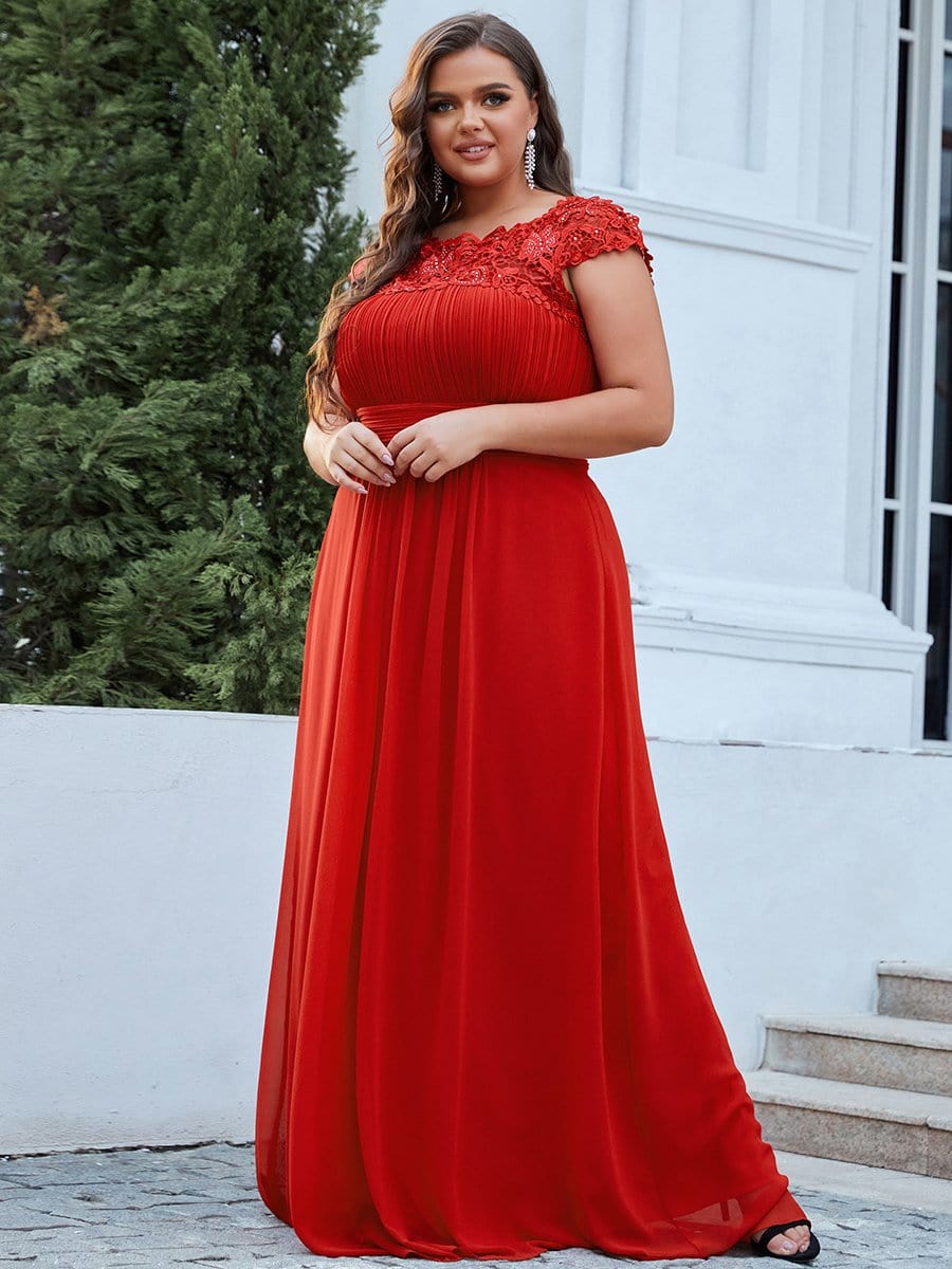 Plus Size Lace Cap Sleeve Elegant Maxi Bridesmaid Dress