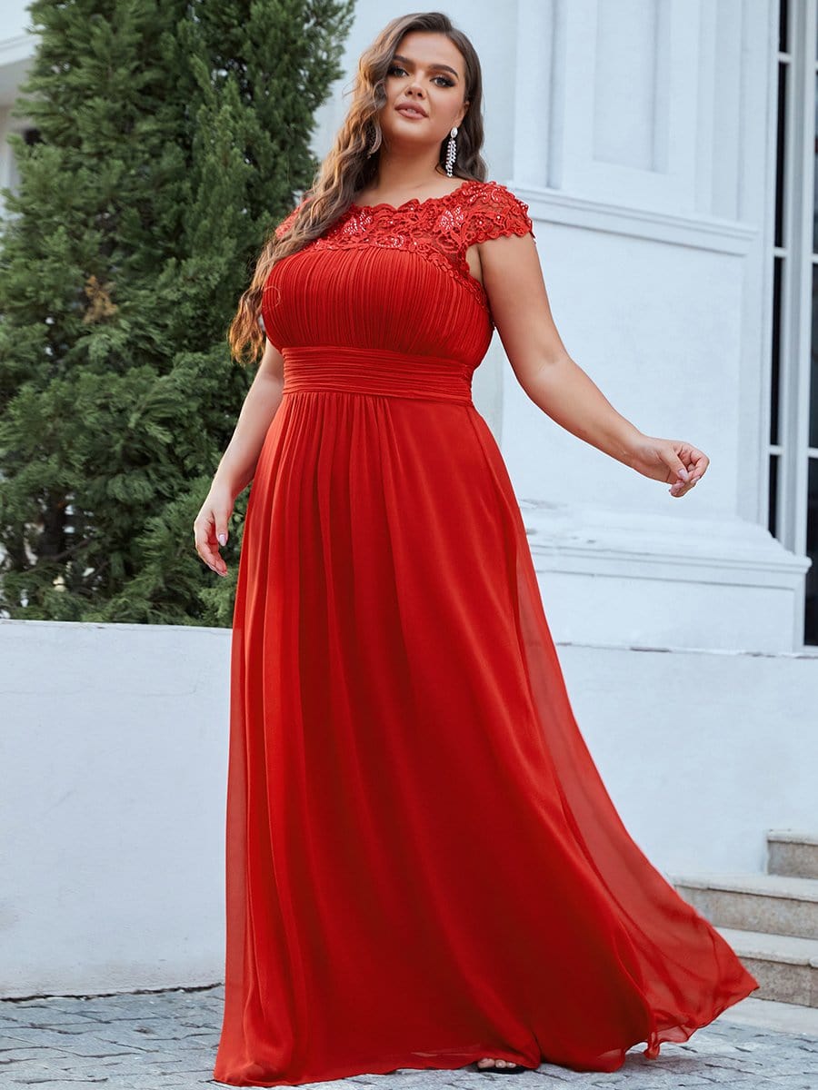 Plus Size Lace Cap Sleeve Elegant Maxi Bridesmaid Dress