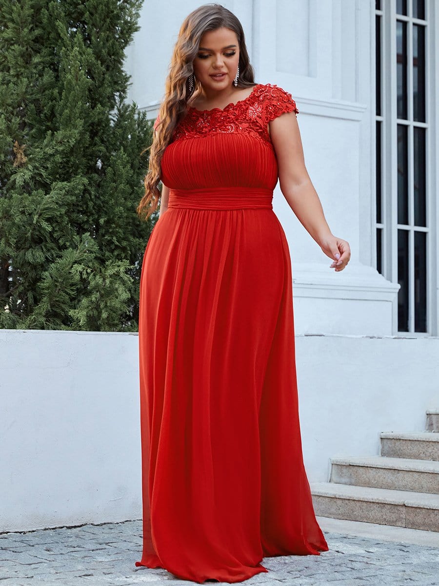 Plus Size Lace Cap Sleeve Elegant Maxi Bridesmaid Dress