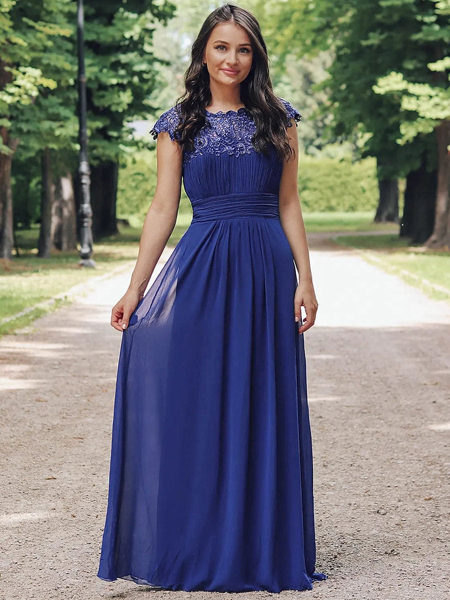 Elegant Maxi Long Lace Cap Sleeve Bridesmaid Dress