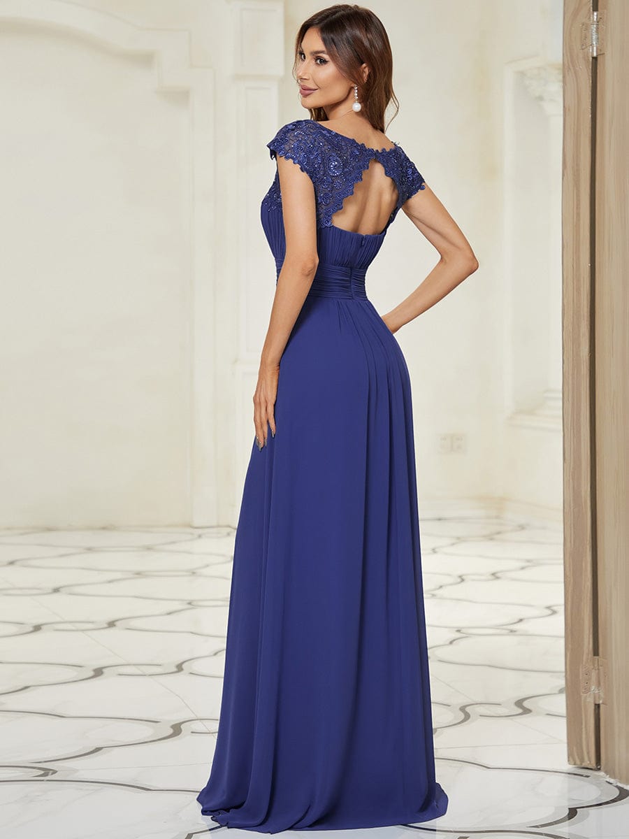 Flattering A-Line Chiffon Lace Evening Dress for Wedding with Cap Sleeve