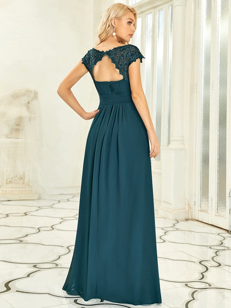 Flattering A-Line Chiffon Lace Evening Dress for Wedding with Cap Sleeve