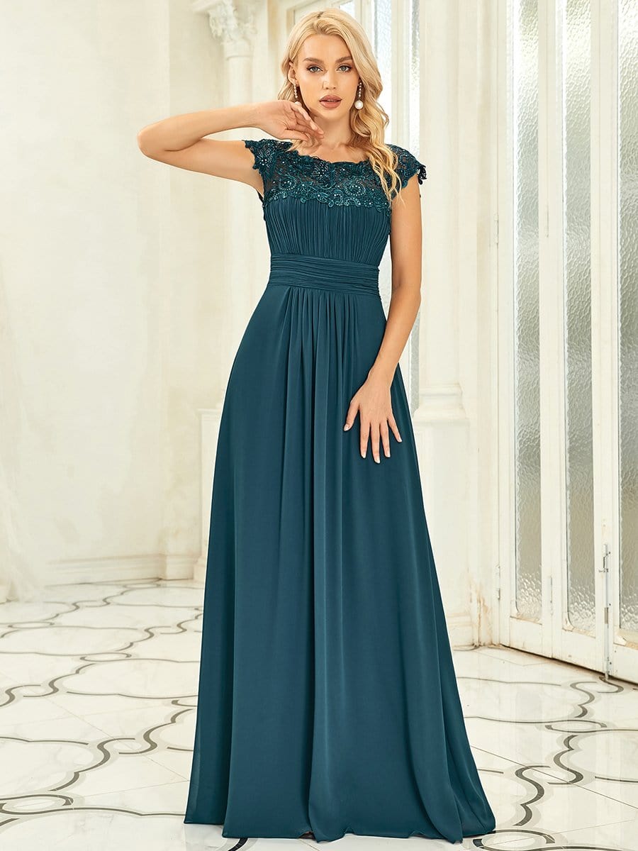 Flattering A-Line Chiffon Lace Evening Dress for Wedding with Cap Sleeve