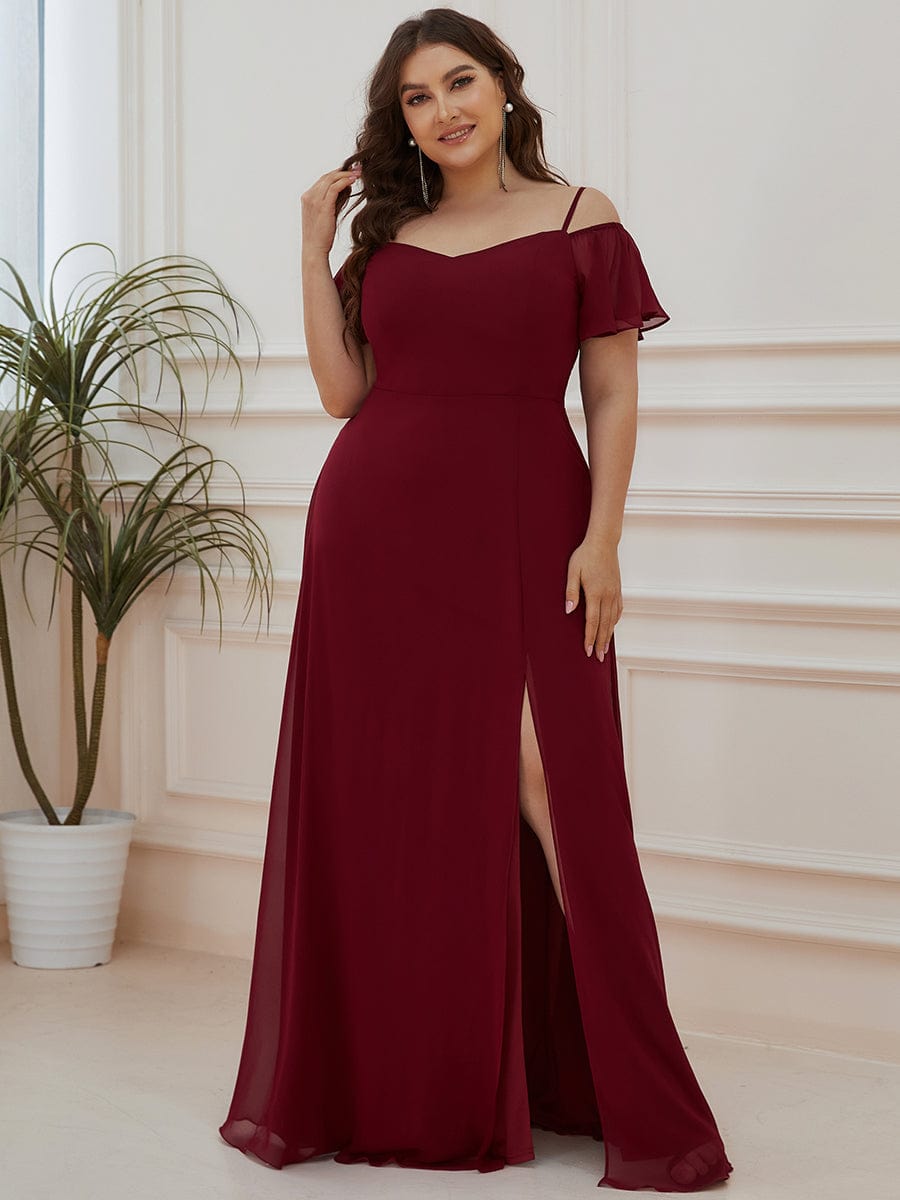 Stylish Cold-Shoulder Split Floor Length Wedding Guest Dress