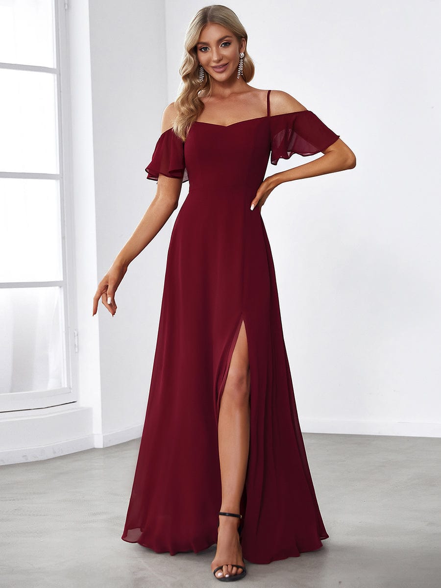 Custom Size Cold-Shoulder Floor Length Bridesmaid Dress with Side Slit