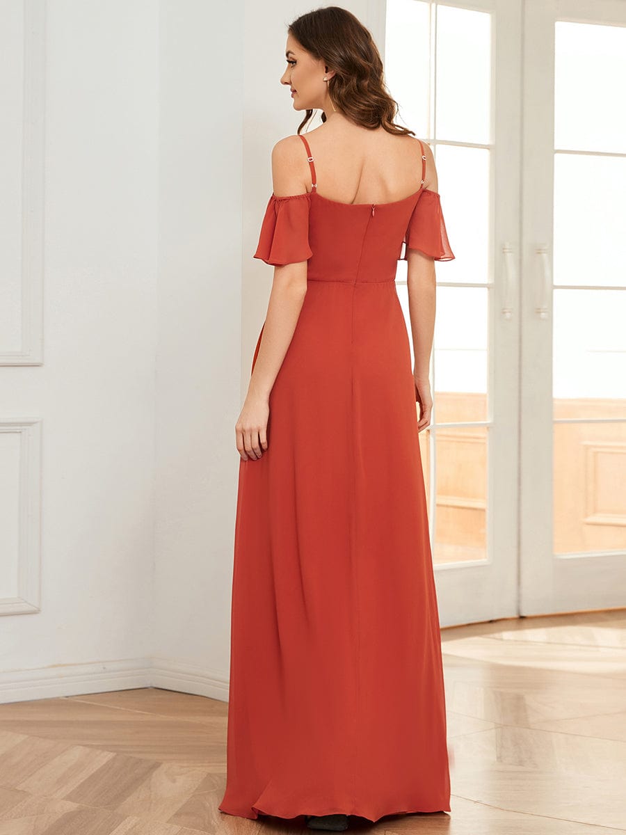 Stylish Cold-Shoulder Split Floor Length Wedding Guest Dress