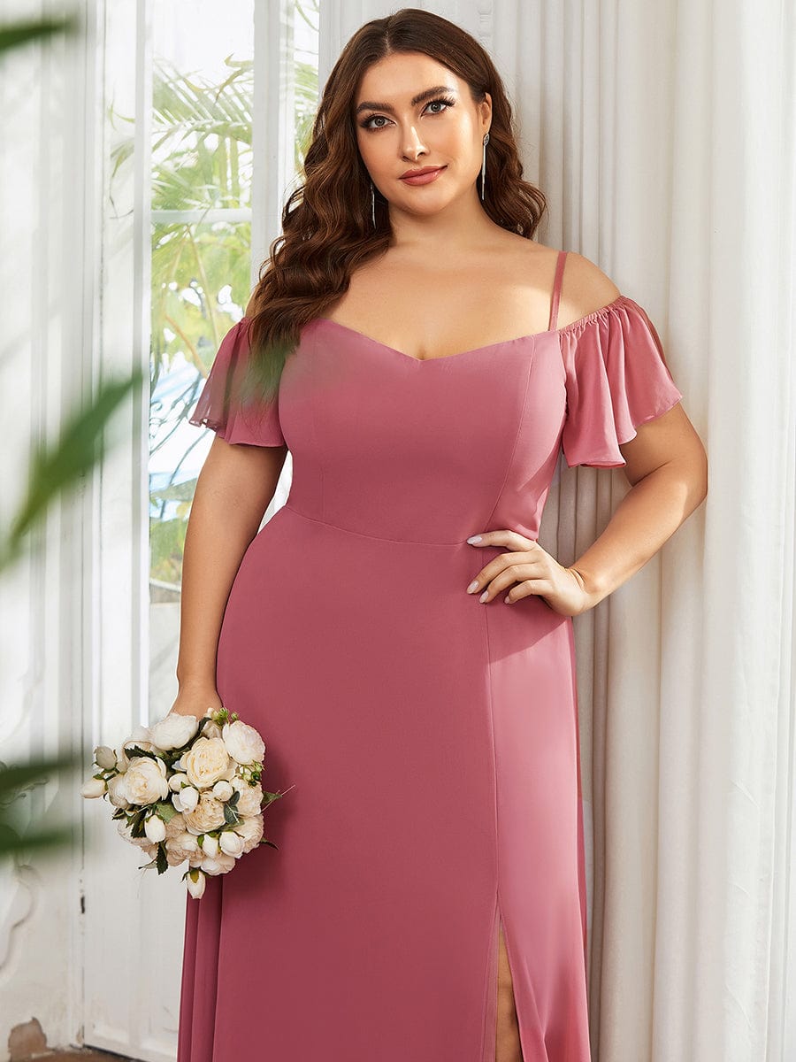 Custom Size Cold-Shoulder Floor Length Bridesmaid Dress with Side Slit